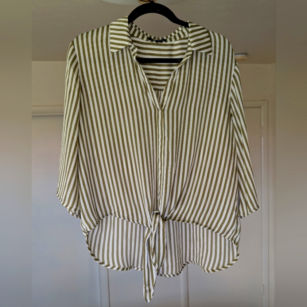 Olive Striped Button-Up Silky Blouse With Front Tie- Size Large